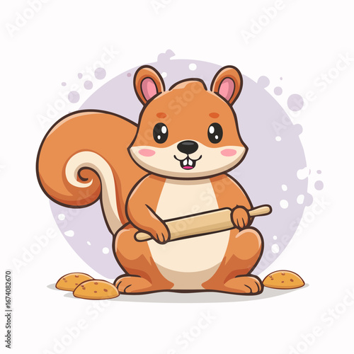 A cute cartoon squirrel baker holds a wooden rolling pin, standing with freshly baked cookies on the ground.