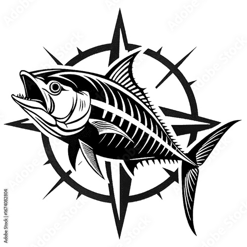 Stylized tuna fish with compass rose