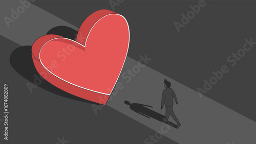 Conceptual illustration of a person walking toward a heart symbol conveying love relationships and emotional journey.
