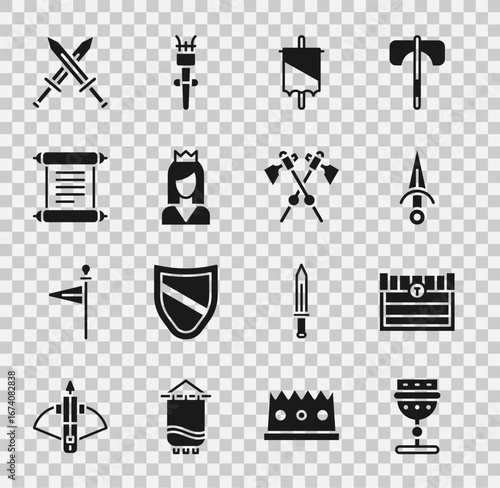Set Medieval goblet, Antique treasure chest, Dagger, flag, Princess, Decree, parchment, scroll, Crossed medieval sword and axes icon. Vector