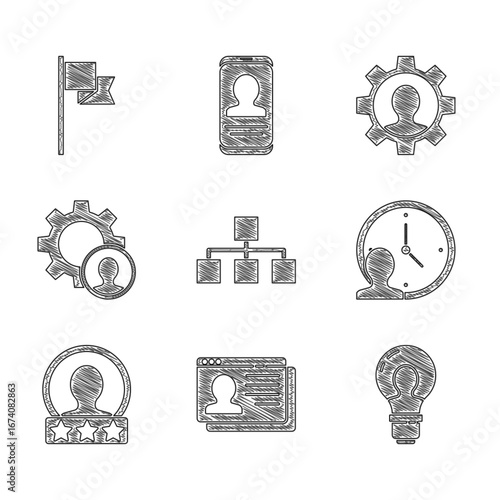 Set Hierarchy organogram chart, Resume, Head with lamp bulb, Time Management, Create account screen, hunting, Human gear and Location marker icon. Vector