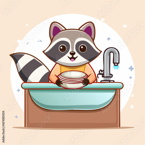A cute cartoon raccoon wearing an apron washes a stack of clean white plates in a kitchen sink with running water from a faucet.