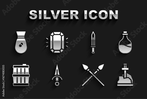 Set Dagger, Old bottle of wine, Sword the stone, Crossed medieval spears, Wooden barrel, Medieval sword, money bag and Diamond icon. Vector