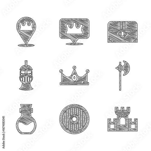 Set King crown, Round wooden shield, Castle, fortress, Medieval axe, Poison bottle, iron helmet, Antique treasure chest and Location king icon. Vector