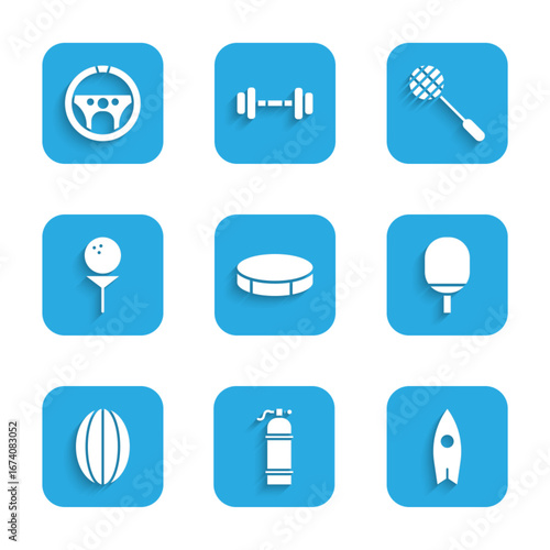 Set Hockey puck, Aqualung, Surfboard, Racket for playing table tennis, Rugby ball, Golf on tee, Tennis racket and Steering wheel icon. Vector