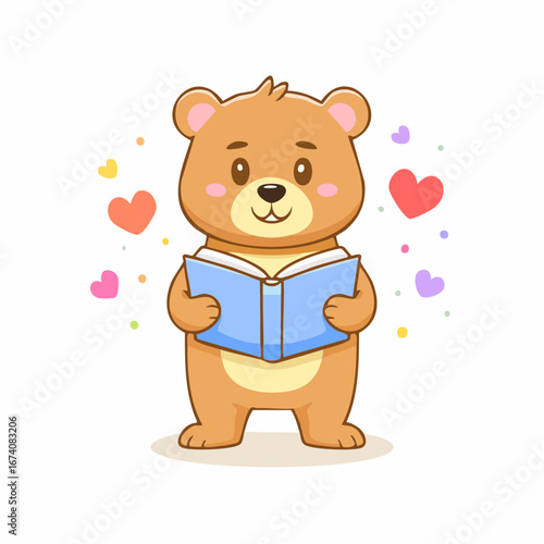 A cute cartoon bear character is happily reading an open book, surrounded by colorful floating hearts and sparkles, suggesting joy and learning.