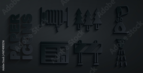 Set Road barrier, Bucket extinguishing fire, Building of station, Fire sprinkler, Forest and hose reel icon. Vector