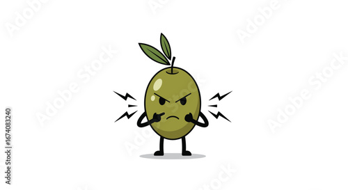 Angry olive character expressing intense frustration with lightning bolts emitting from its sides cartoon illustration