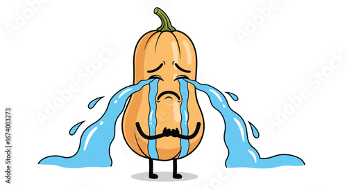 A sad butternut squash character crying big tears of sorrow and distress