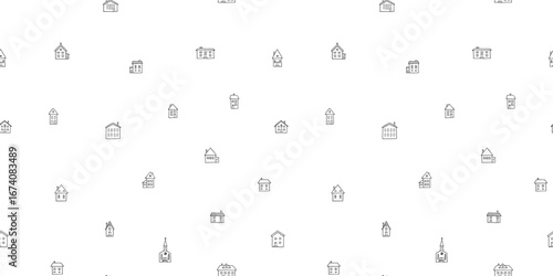 Doodle cartoon style home seamless pattern. Hand drawn black white vector illustration texture.