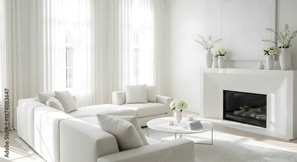 Chic modern white living room interior with a cozy sectional and fireplace Chic modern white living room interior with a cozy sectional and fireplace