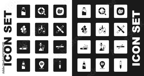Set Tobacco leaf, Disease lungs, Medical nicotine patches, Vape liquid bottle, Cigarette, Ashtray with cigarette, No smoking and icon. Vector