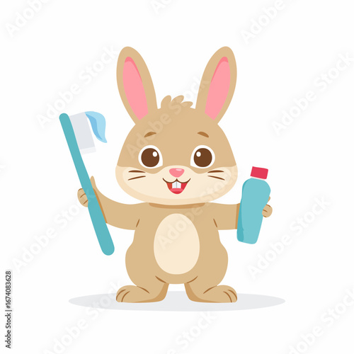 Cartoon rabbit holding a toothbrush with toothpaste and a tube of toothpaste, smiling.