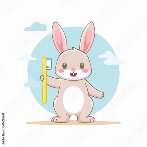 A cheerful cartoon rabbit holding a yellow toothbrush, ready to brush its teeth.