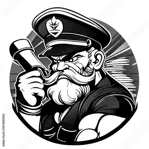 Captain with spyglass and beard, nautical character, illustration