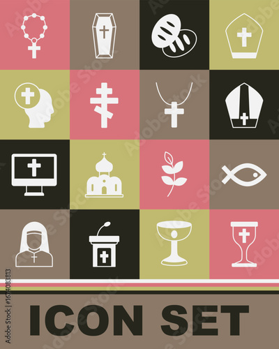 Set Christian chalice, fish symbol, Pope hat, bread, cross, Priest, Rosary beads religion and chain icon. Vector