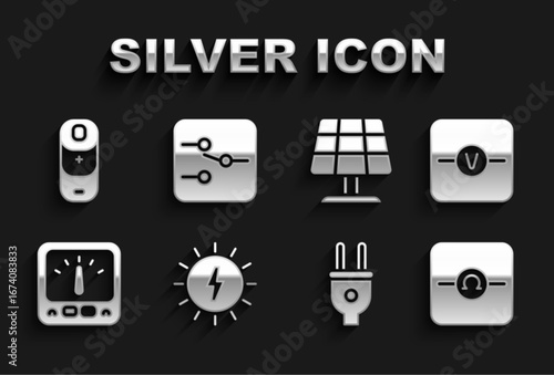 Set Solar energy panel, Voltmeter, Ohmmeter, Electric plug, Ampere multimeter, Battery charge and Switch in electronic circuit icon. Vector