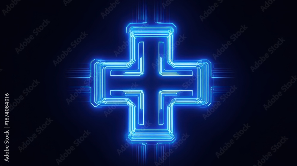 Fototapeta premium Neon Blue Cross Symbol with Glowing Effects on Dark Background