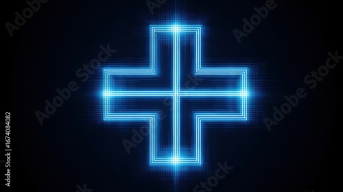 Neon Blue Medical Cross Symbol on Dark Background for Healthcare Use