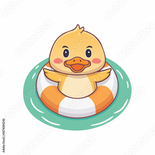 Cute cartoon duckling enjoying a summer floatie.