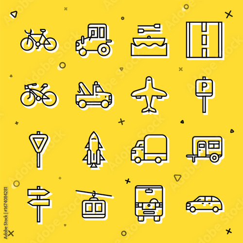 Set line Hatchback car, Rv Camping trailer, Parking, Boat with oars, Tow truck, Bicycle, and Plane icon. Vector