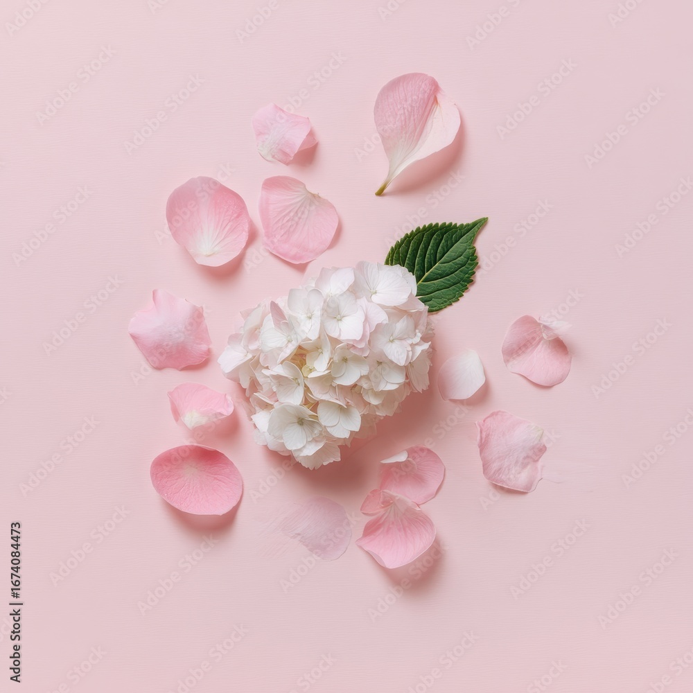 Fototapeta premium Delicate White Hydrangea Bloom with Scattered Pink Petals on Soft Pink Background