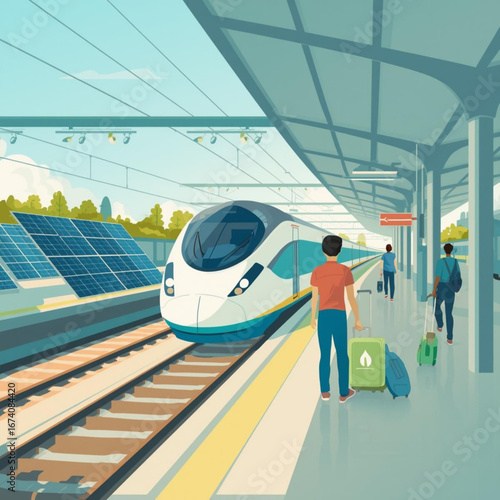 People with luggage at a modern train station with solar panels