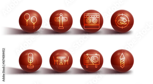 Set line Balloons, Tree, Hunt rabbit with crosshairs, Amusement park billboard, Picnic table chairs, Road traffic signpost, Firework rocket and Shooting gallery icon. Vector