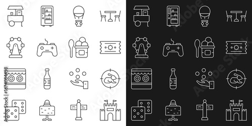 Set line Castle, Hunt on rabbit with crosshairs, Ticket, Hot balloon, Gamepad, Ferris wheel, Fast street food cart and Ice cream in bowl icon. Vector
