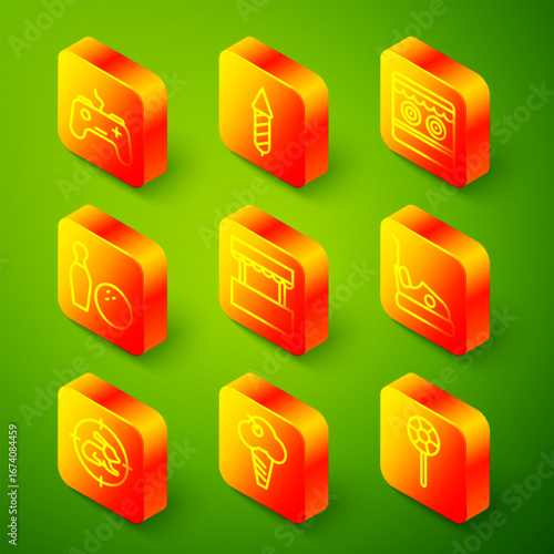 Set line Gamepad, Firework rocket, Shooting gallery, Bowling pin and ball, Ticket box office, Bumper car, Hunt on rabbit with crosshairs and Ice cream waffle cone icon. Vector