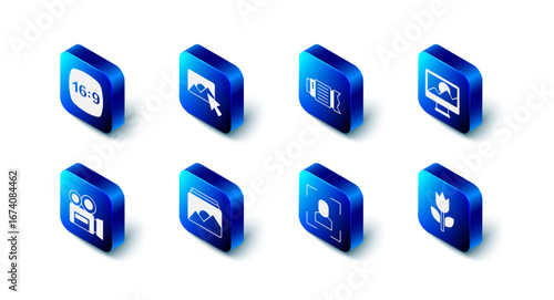 Set Photo retouching, Camera photo lens, mode macro, focus frame line, Retro cinema camera and 16 icon. Vector