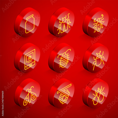 Set line Glass jar, Beetle bug, deer, Book about insect, Larva, Butterfly and Hive for bees icon. Vector