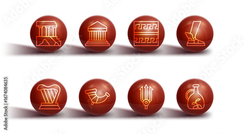 Set line Parthenon, Harp, Hermes sandal, Neptune Trident, Hunting horn, Bottle of olive oil and Ancient Greek pattern icon. Vector