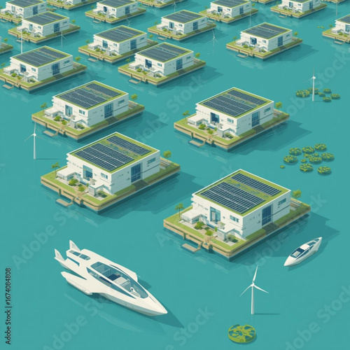 Extensive floating village with renewable energy sources