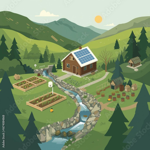 Remote cabin with solar power, stream, and multiple gardens