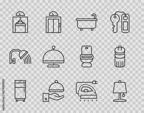 Set line Refrigerator, Table lamp, Bathtub, Covered with tray, Lift, Electric iron and Trash can icon. Vector