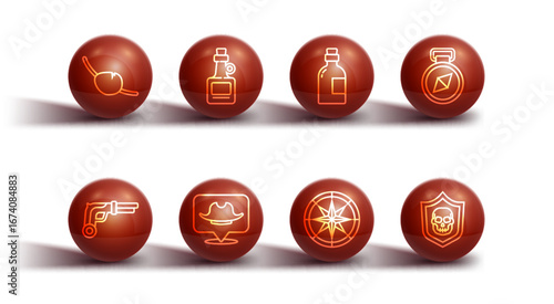Set line Pirate eye patch, Vintage pistols, Compass, Location pirate, Alcohol drink Rum, Shield with skull and icon. Vector