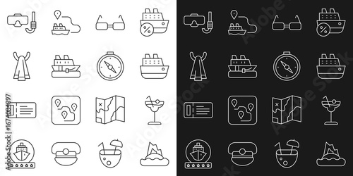 Set line Tropical island in ocean, Cocktail, Cruise ship, Glasses, Towel on hanger, Diving mask snorkel and Compass icon. Vector