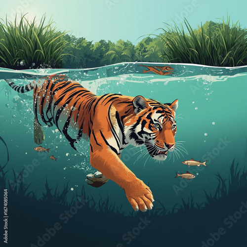 Tiger swims through clear blue water with fish swimming