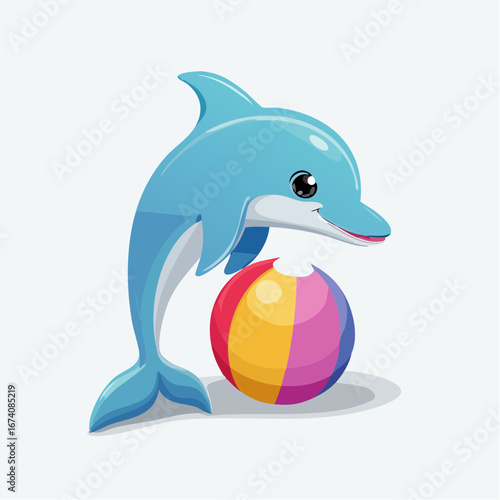 A cheerful cartoon dolphin playfully nudges a colorful beach ball with its snout, set against a clean white background.