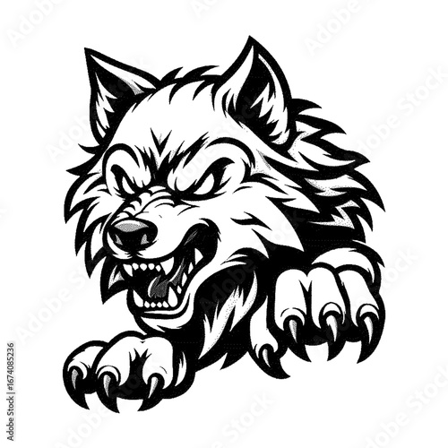 Fierce wolf head snarling with claws