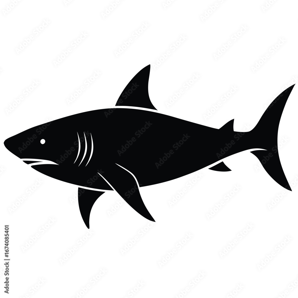 Obraz premium Black silhouette of a great white shark swimming white background
