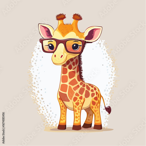 An adorable cartoon baby giraffe wearing stylish brown-rimmed glasses stands cheerfully with a gentle expression.