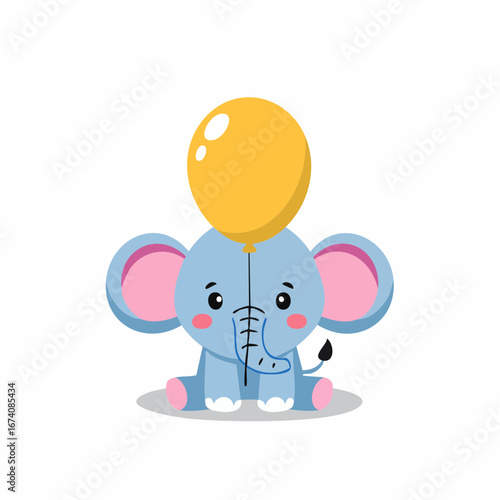 Adorable cartoon baby elephant sitting, holding a yellow balloon.