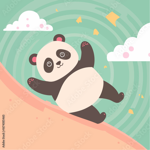 A cute cartoon panda tumbles playfully down a peach-colored slope under a swirling teal sky with fluffy white clouds.