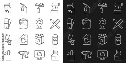 Set line Paint, gouache, jar, dye, spray can, brush, roller, bucket, Color palette guide, Tube with paint and and icon. Vector