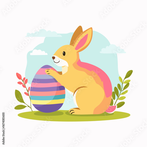 An adorable illustrated Easter bunny gently holding a brightly colored striped egg amidst spring foliage.
