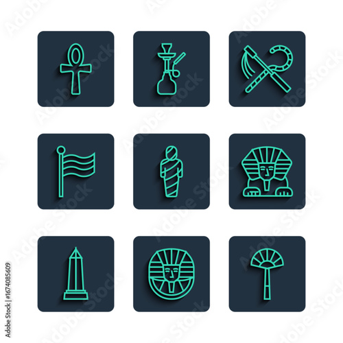 Set line Obelisk of Alexandria, Egyptian pharaoh, fan, Crook flail, mummy, Flag Of, Cross ankh and Sphinx icon. Vector