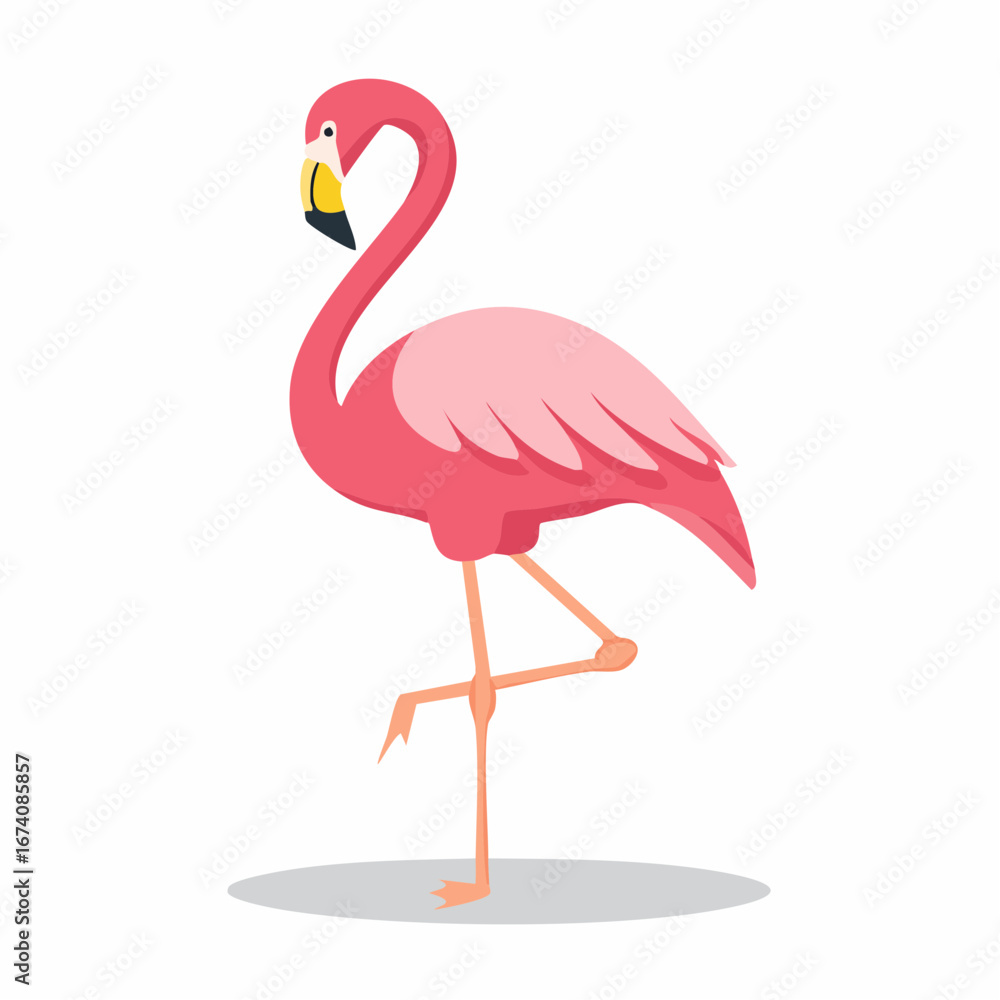 Fototapeta premium A pink flamingo stands gracefully on one leg, its long neck curved in a classic pose against a white background.