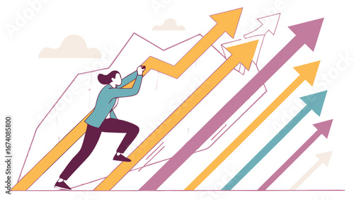 Businesswoman pushing upward trending graph success growth achievement progress ambition leadership motivation strategy goals target finance market economy development career corporate job work offic.